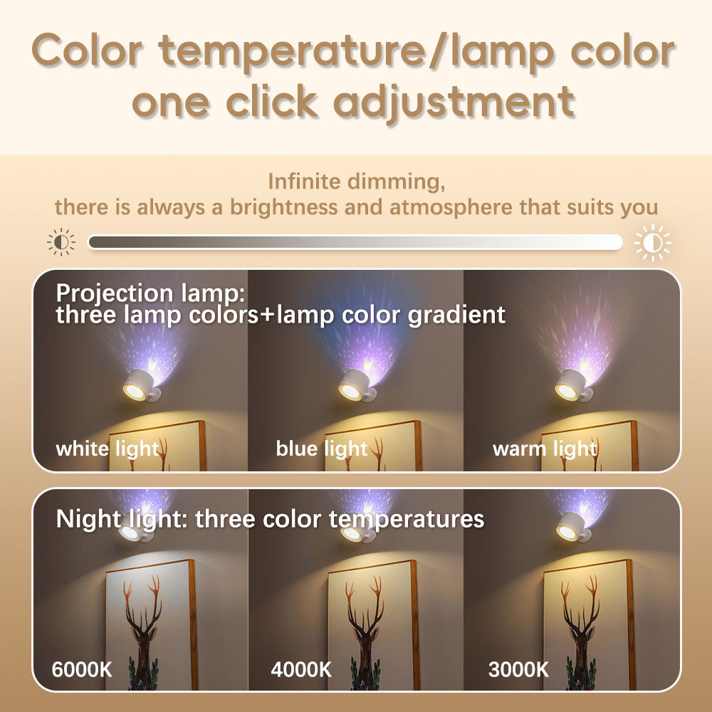 2-in-1 Magnetic Rotating Wall Light | Stepless Dimming + 3-Color Projection, USB-C Rechargeable, Cordless Bedside Decor Lamp