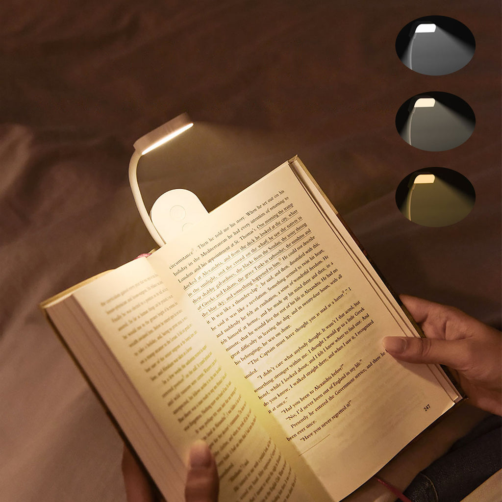 Portable LED Clip Reading Light | 360° Gooseneck + Clip Hands-Free, 3-Color 3-Brightness, USB Pocket Design for Night/Camping/Travel (Black)